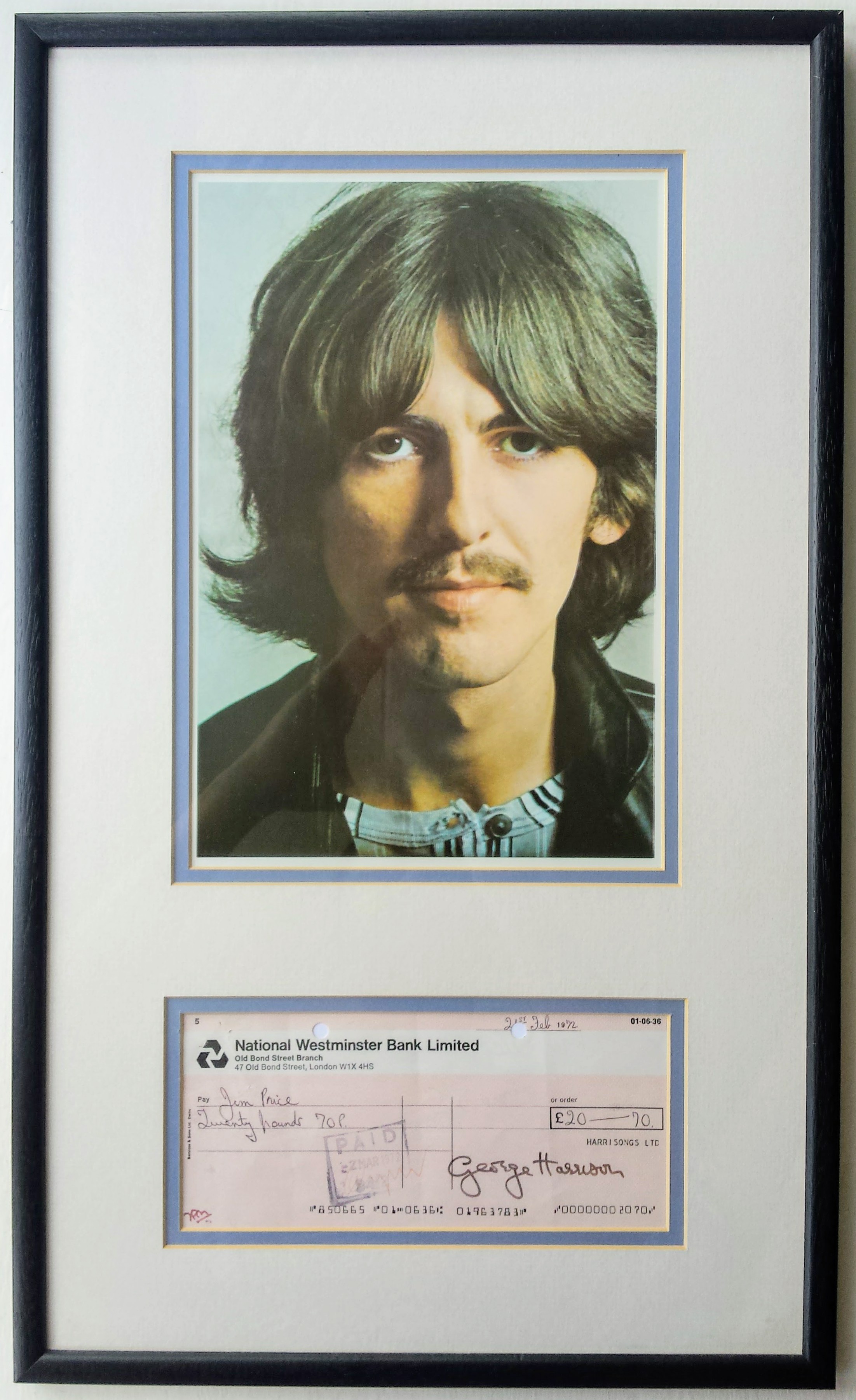 1972 George Harrison signed cheque framed display